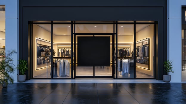 Upscale retail clothing shop in shopping mall with storefront mockup in center. Black Friday sales events and seasonal promotions photo