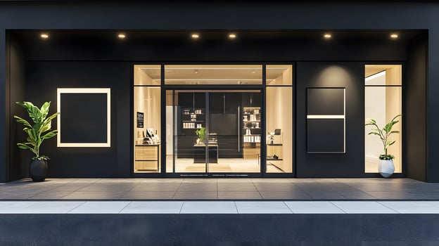 Stylish boutique with storefront banner mockups. Black Friday marketing and seasonal shopping events photo