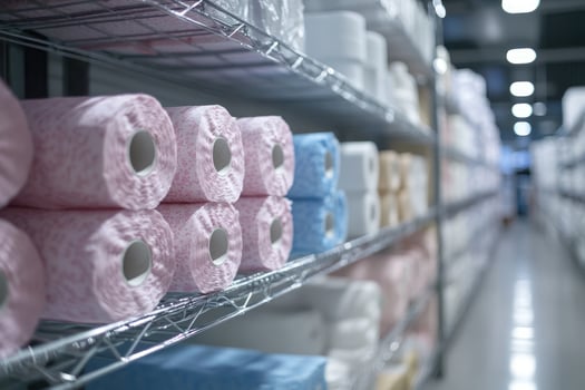 Pink and blue toilet paper rolls sitting on warehouse shelf photo