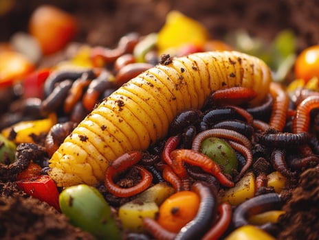 Earthworms eating vegetables from compost in garden soil photo