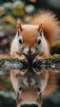 Red squirrel drinking water from a pond in the forest photo