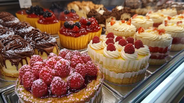 Delicious cakes with berries being displayed in pastry shop photo
