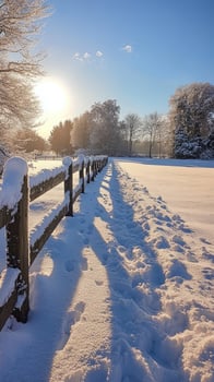 Sun shining on path covered in fresh snow next to wooden fence photo
