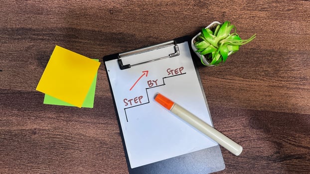 Concept of Step by Step write on paperwork isolated on wooden background. photo