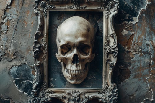 A skull is displayed in a frame on a wall photo