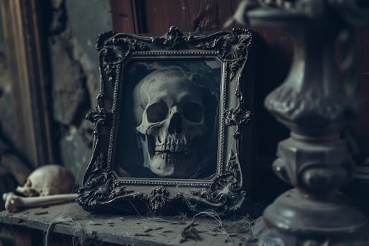 A skull is displayed in a frame on a table photo