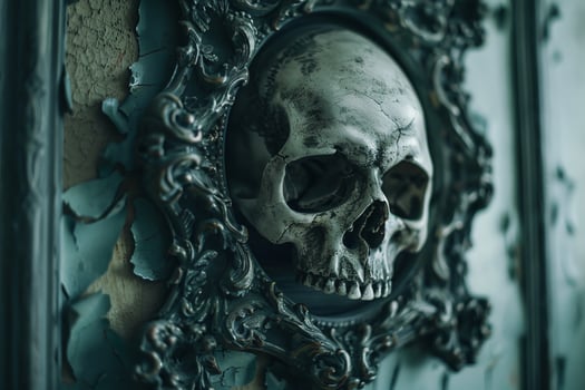 A skull is displayed in a frame with a green background photo