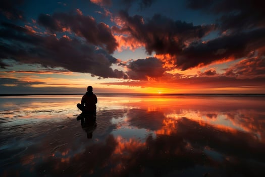 A person is sitting on the beach at sunset photo