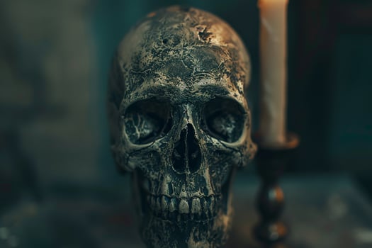 A skull is sitting on a table next to a candle photo