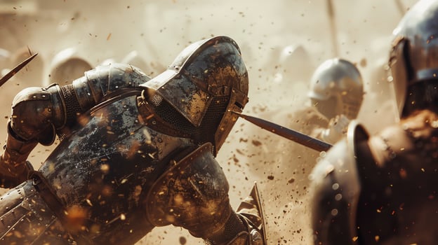 A man in a suit of armor is fighting with a sword photo