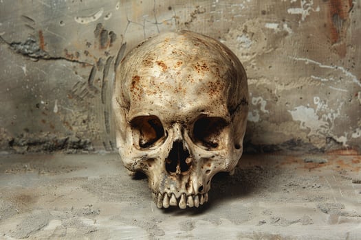 A skull is sitting on a ledge, looking down at the ground photo