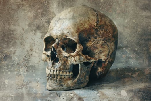 A skull is shown in a close up, with its mouth open and teeth visible photo