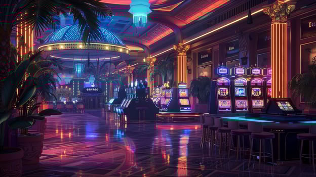 A neon casino with a lot of lights and a lot of slot machines photo