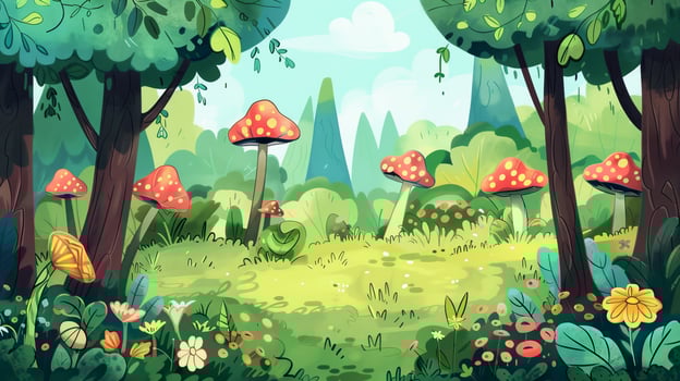 A cartoonish drawing of a forest with a bunch of mushrooms photo