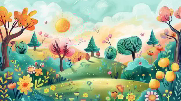 A colorful painting of a field with trees and flowers photo