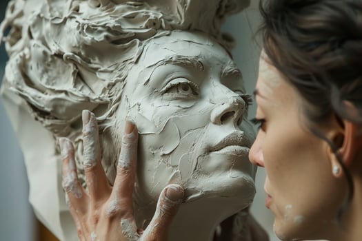 A woman is touching a clay sculpture of a woman's face photo