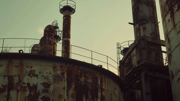 A rusty old industrial building with a large tank in the foreground photo