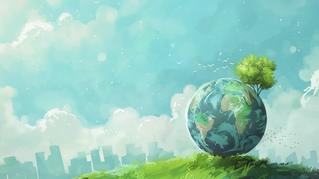 A painting of a blue and green planet with a tree on top of it photo