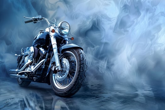 A black motorcycle is parked in front of a blue background with smoke photo