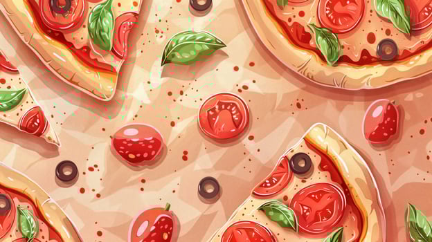 A close up of a pizza with tomato slices and olives on top photo