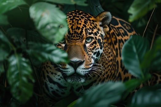 A jaguar is looking at the camera in a jungle photo