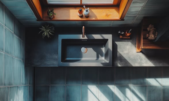 A bathroom sink with a window above it photo