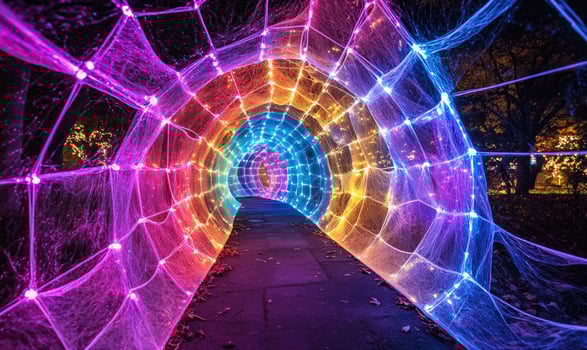 A colorful tunnel with lights and a path photo