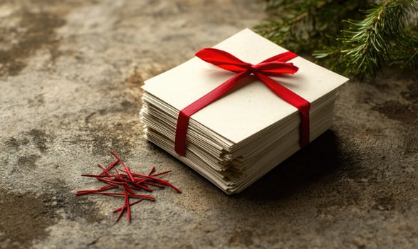 A stack of white cards with red ribbons tied to them photo