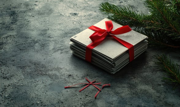A stack of white cards with red ribbons on top of a grey surface photo