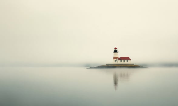 A lighthouse sits on a rocky island in the middle of a foggy sea photo
