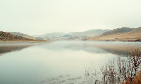 A calm lake with a foggy sky in the background photo