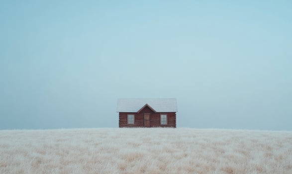 A small, red house sits on a snowy field photo
