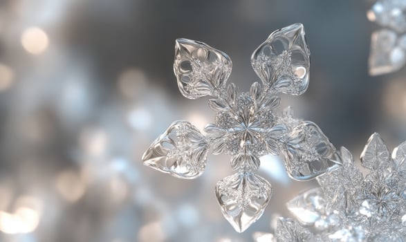 A snowflake is shown in a blurry background with a white background photo