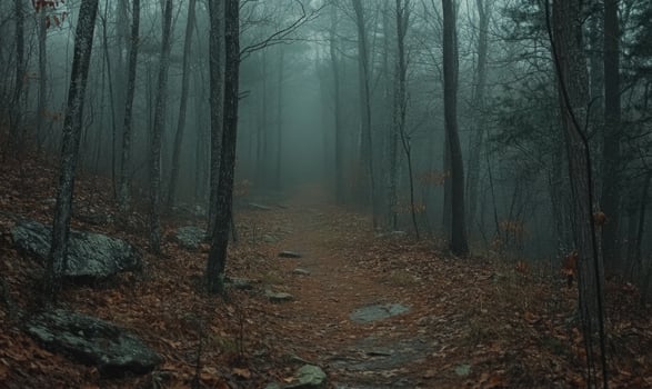 A forest path is shown in the rain with trees in the background photo