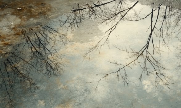 Reflections of trees in a puddle of water photo
