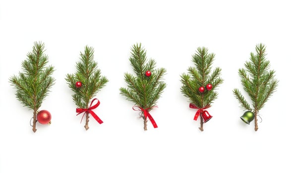 A row of Christmas trees with red ribbons and green bells hanging from them photo
