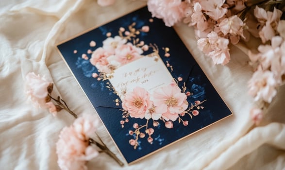 A blue card with pink flowers on it photo