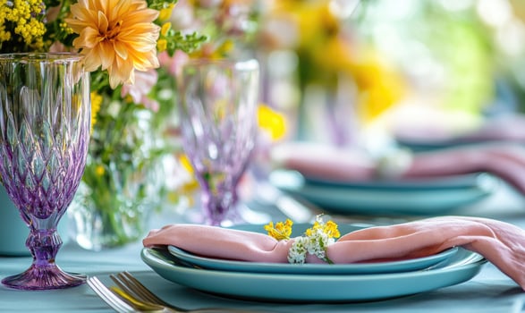 A table with a blue tablecloth and a floral centerpiece photo