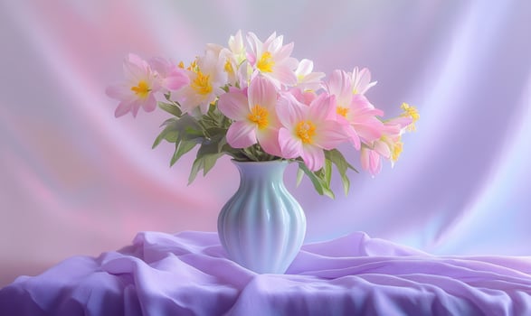 A vase of flowers sits on a purple cloth photo