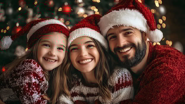Happy family in quirky sweater standing outdoors. Christmas portraits and holiday moments photo