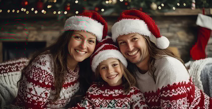 Smiling family in quirky sweaters enjoying cozy time together at home. Christmas portrait photo