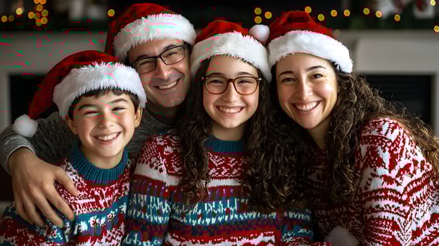 Joyful family in ugly sweaters sitting together at home. Christmas group portrait photo