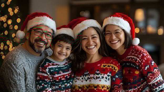 Cheerful family in quirky festive sweaters holiday portrait at home. Seasonal Christmas scene photo