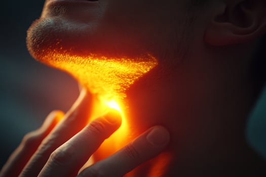A man has neck pain and swelling, symptoms that may suggest thyroid issues or cold exposure. A timely checkup with a healthcare professional is crucial for proper health management photo