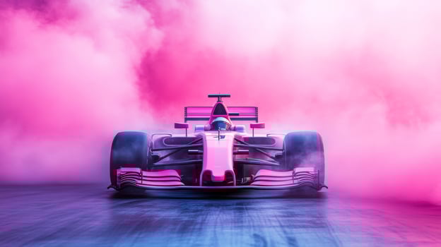 A stunning Formula 1 car races down the track, showcasing its speed and power as vibrant smoke billows around it, capturing the fierce competition and excitement that defines motorsport photo