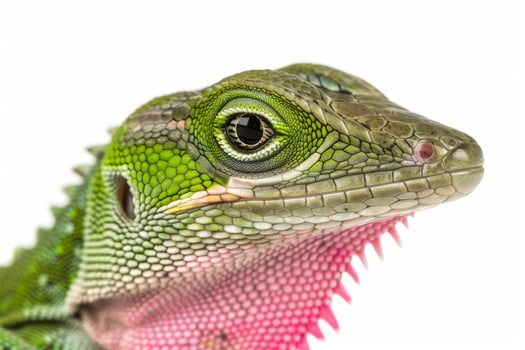 vibrant green anole lizard shows off its extended pink dewlap while perched in isolation beautifully showcased against a stark white background. photo