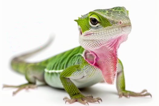 vibrant green anole lizard showcases its bright pink dewlap perched gracefully against a pristine white background under high key lighting revealing its intricate details. photo