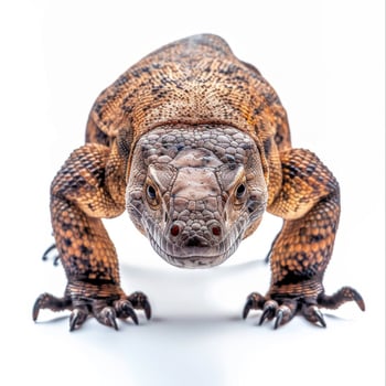 stunning Black throated Monitor lizard showcases its striking dark scales as it walks forward in a well lit studio environment. photo
