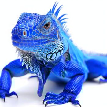 stunning blue iguana displays its vivid blue scales positioned with alert posture against a bright white background highlighting its fascinating details and colors. photo