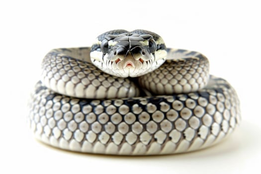 Carpet Python showcases its striking patterns while coiled in a relaxed position. The soft lighting highlights its scales against the clean white background. photo